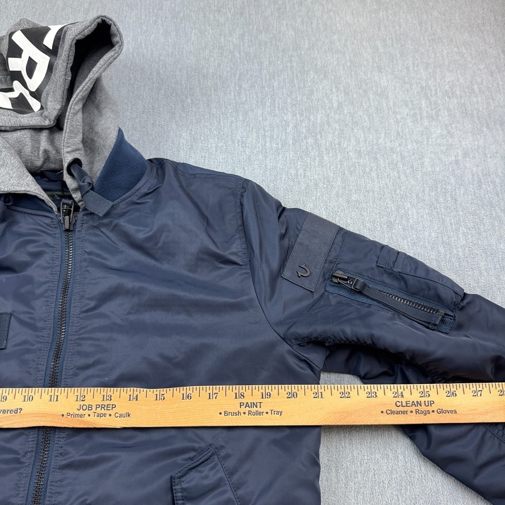 True Religion Bomber Jacket Mens Small Blue Quilted Full Zip Hooded Pockets Coat - Picture 8 of 13